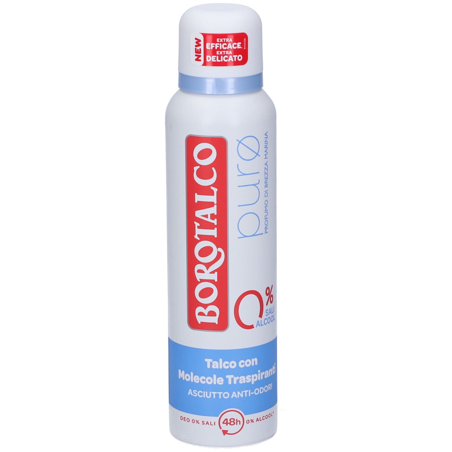 Spray deodorante bianco con scritte rosse e blu. Scritta: Borotalco, puro, Talco con Molecole Traspiranti.