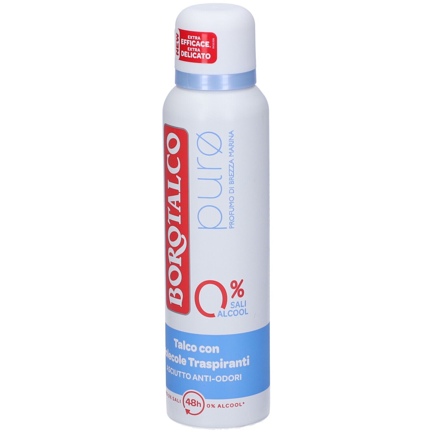 Spray deodorante bianco con scritte rosse e blu. Scritta: Borotalco, puro, Talco con Molecole Traspiranti.