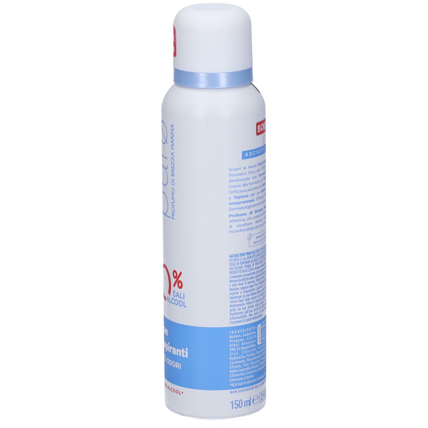 Spray deodorante Borotalco. Retro con testo e indicazione del volume 150ml. Contenitore bianco con scritte blu e rosse.