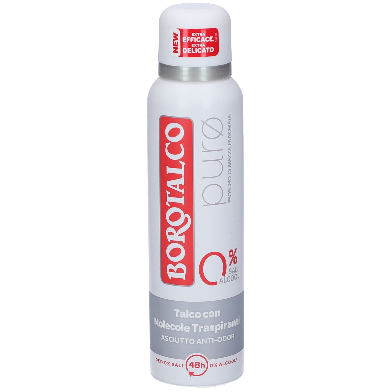 Spray deodorante. Contenitore bianco con testo rosso e grigio. Tappo con adesivo rosso. Testo: Borotalco, Puro, 0% alcool.