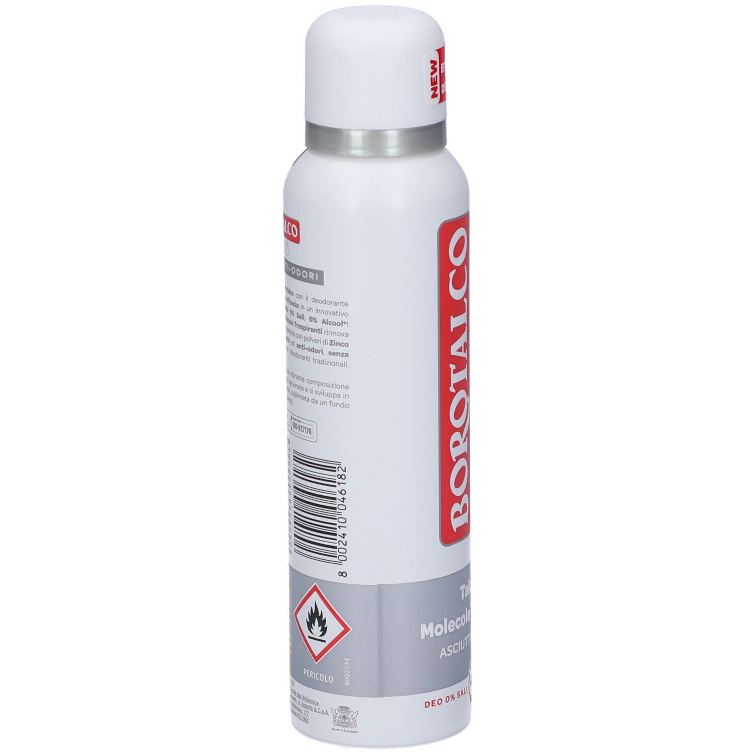 Spray deodorante. Flacone bianco con codice a barre e testo. Testo: Borotalco, Molecole Traspiranti, Asciutto Anti-Odori. Simbolo di pericolo.