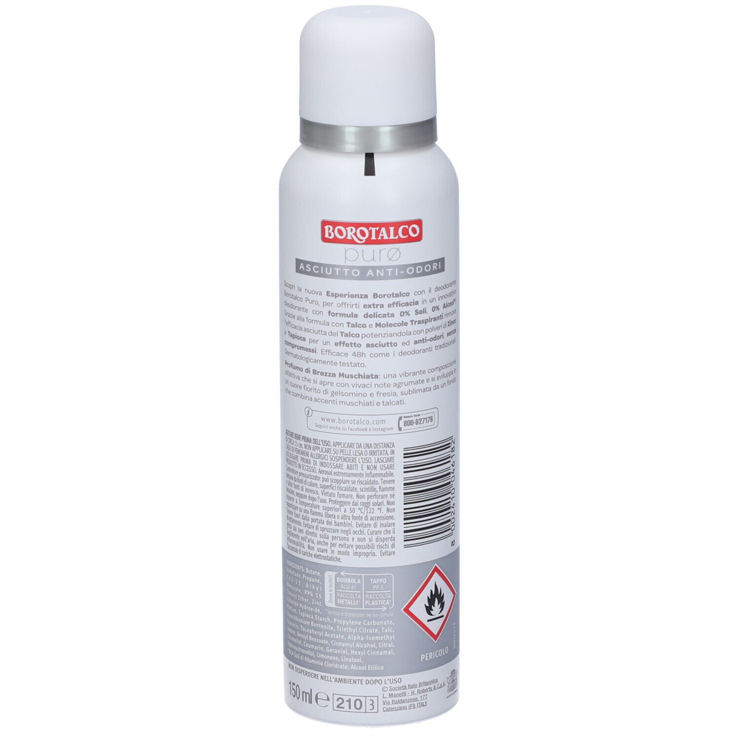 Spray deodorante. Flacone bianco con testo. Testo: Borotalco, Puro, Asciutto Anti-Odori, 150ml. Simbolo di pericolo.