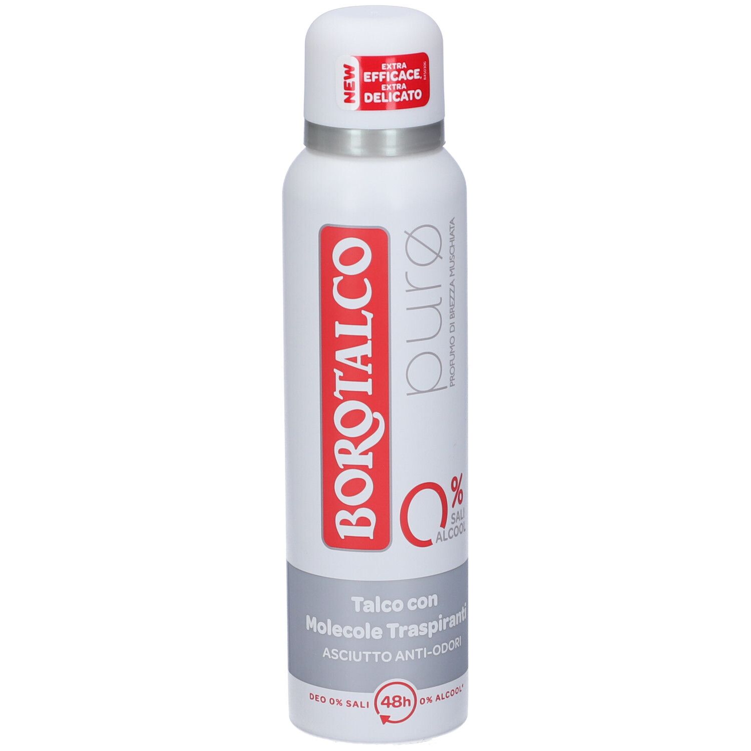 Spray deodorante. Contenitore bianco con testo rosso e grigio. Tappo con adesivo rosso. Testo: Borotalco, Puro, 0% alcool.