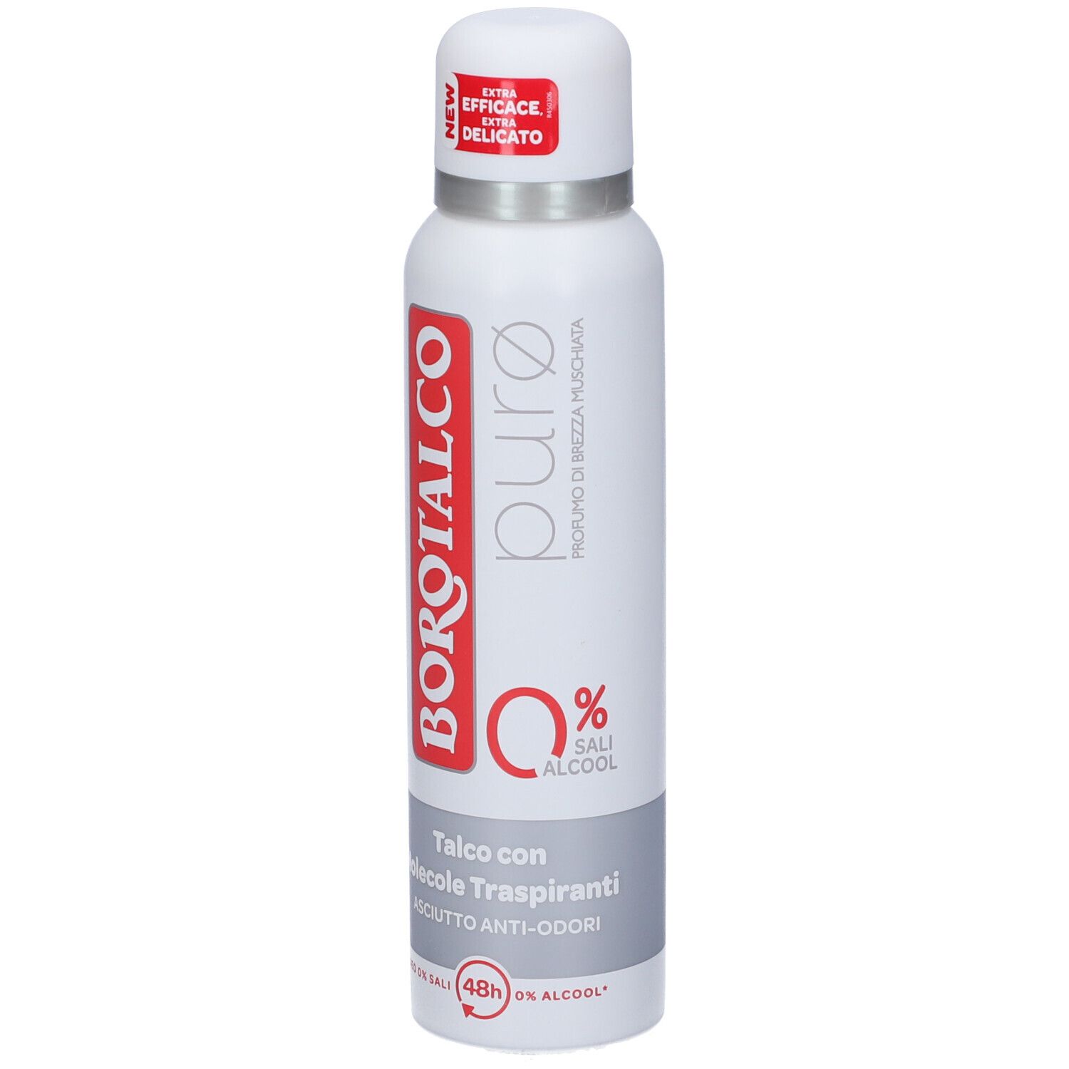 Spray deodorante. Contenitore bianco con testo rosso e grigio. Tappo con adesivo rosso. Testo: Borotalco, Puro, 0% alcool.