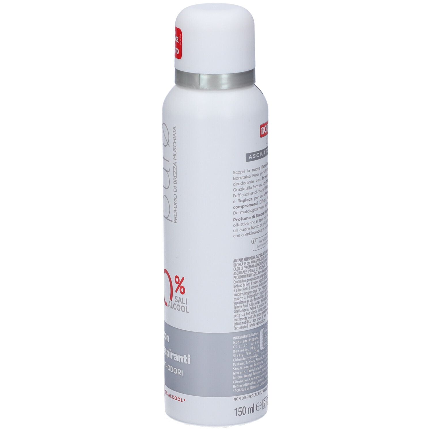 Spray deodorante. Flacone bianco con testo. Testo: Borotalco, Puro, 0% alcool, 150ml.