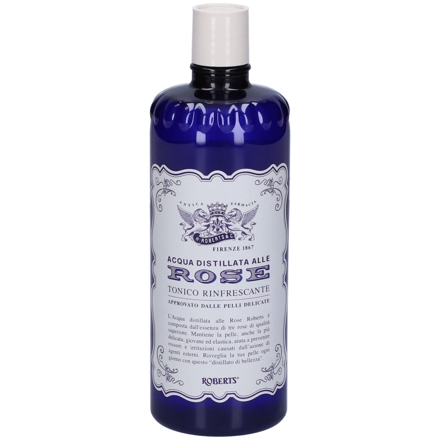 Bottiglia blu con tappo bianco. Etichetta con testo e logo. Nome prodotto: Acqua Distillata Alle Rose Tonico Rinfrescante.