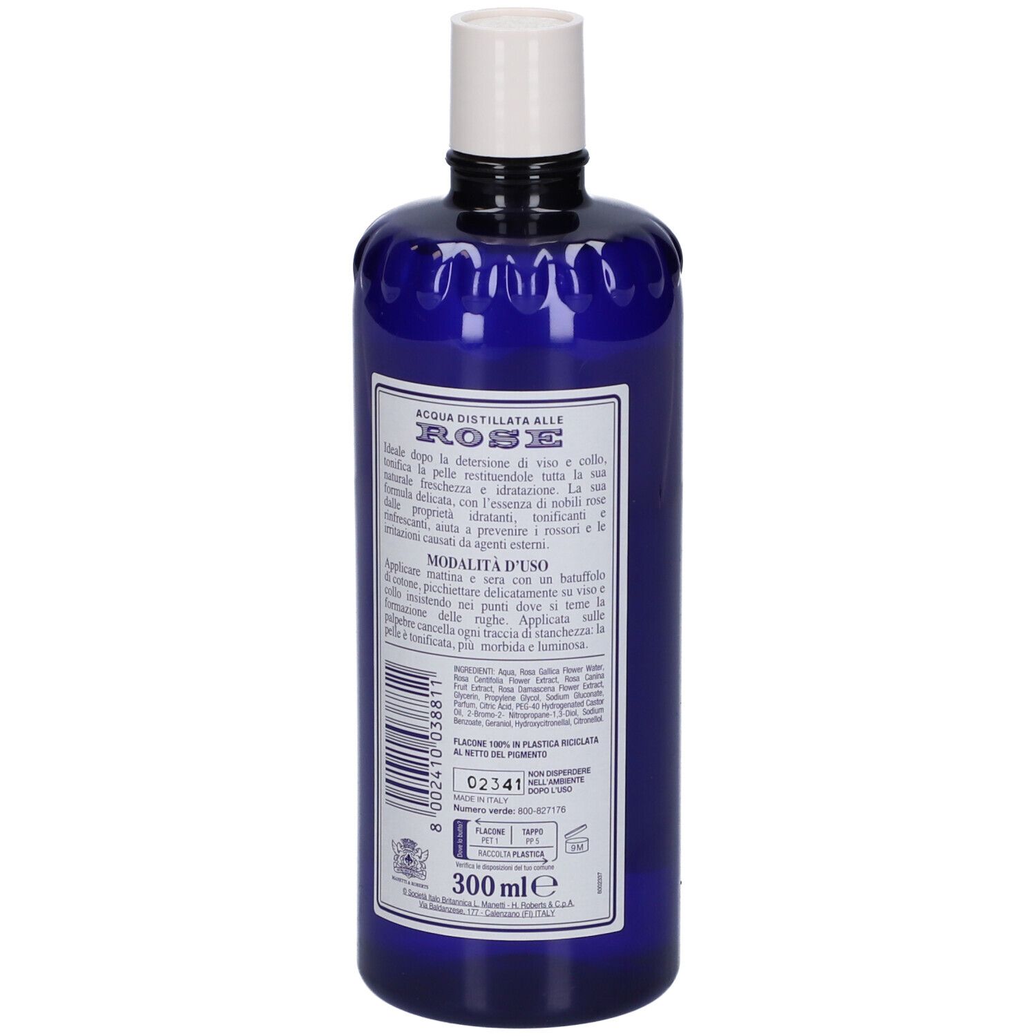 Bottiglia blu, vista posteriore. Etichetta bianca con testo e codice a barre. Tappo bianco. Volume: 300 ml.