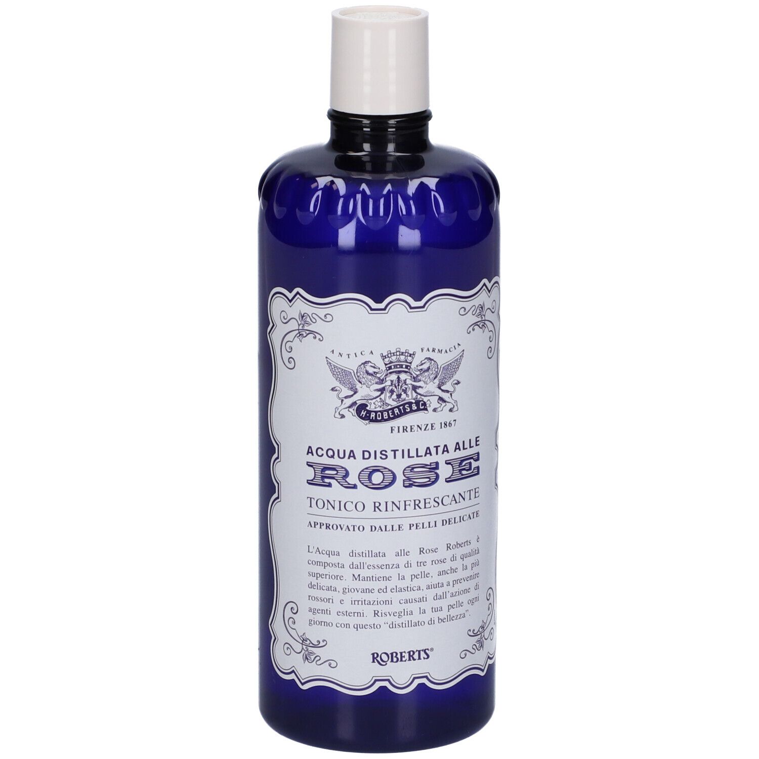 Bottiglia blu con tappo bianco. Etichetta con testo e logo. Nome prodotto: Acqua Distillata Alle Rose Tonico Rinfrescante.