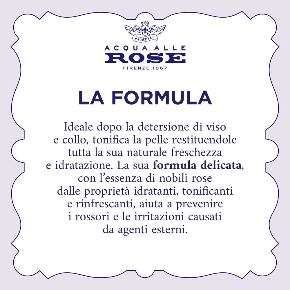 Weißes Etikett mit blauer Schrift und Ornamenten. Beschreibt die Formel des Rosenwasser-Toners.