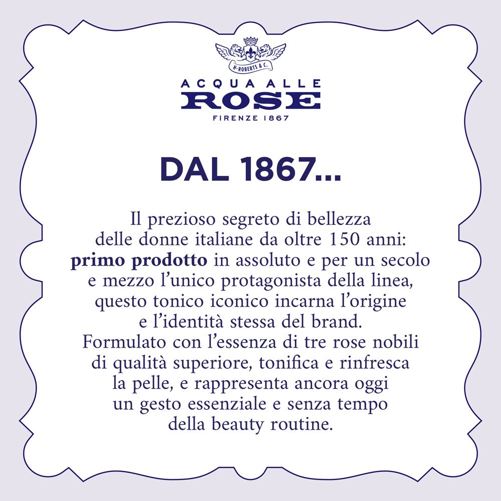 Weißes Etikett mit blauer Schrift. Erklärt die Geschichte und Herkunft des Rosenwasser-Toners seit 1867.