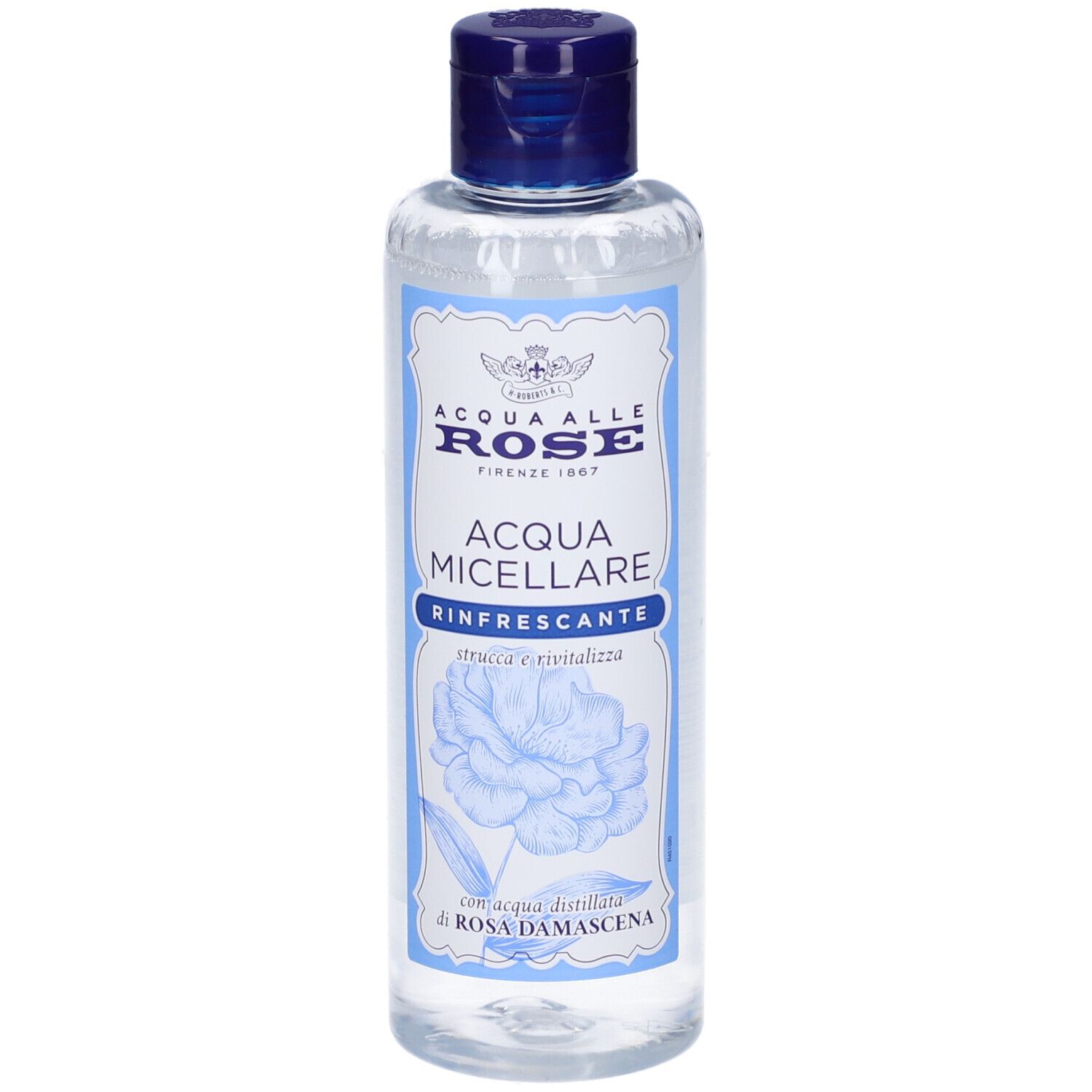 Flacone trasparente con tappo blu. Scritta: Acqua Alle Rose, Acqua Micellare Rinfrescante.