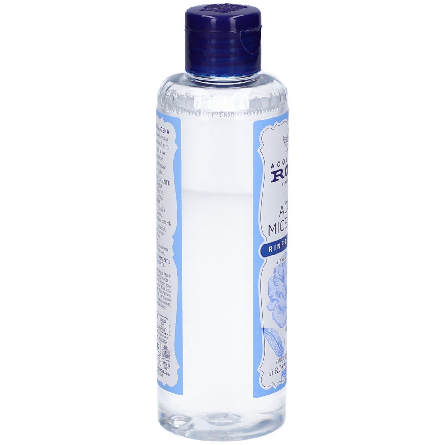 Retro del flacone. Testo in italiano. Etichetta blu e bianca.