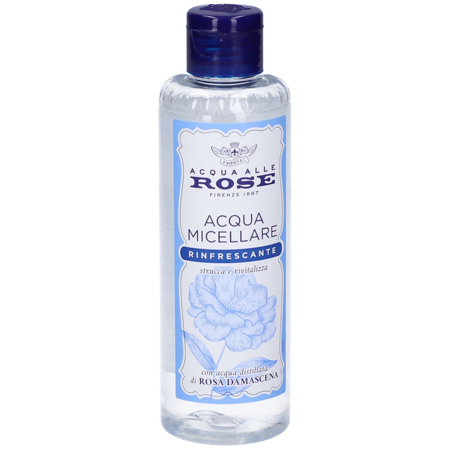 Flacone trasparente con tappo blu. Scritta: Acqua Alle Rose, Acqua Micellare Rinfrescante.