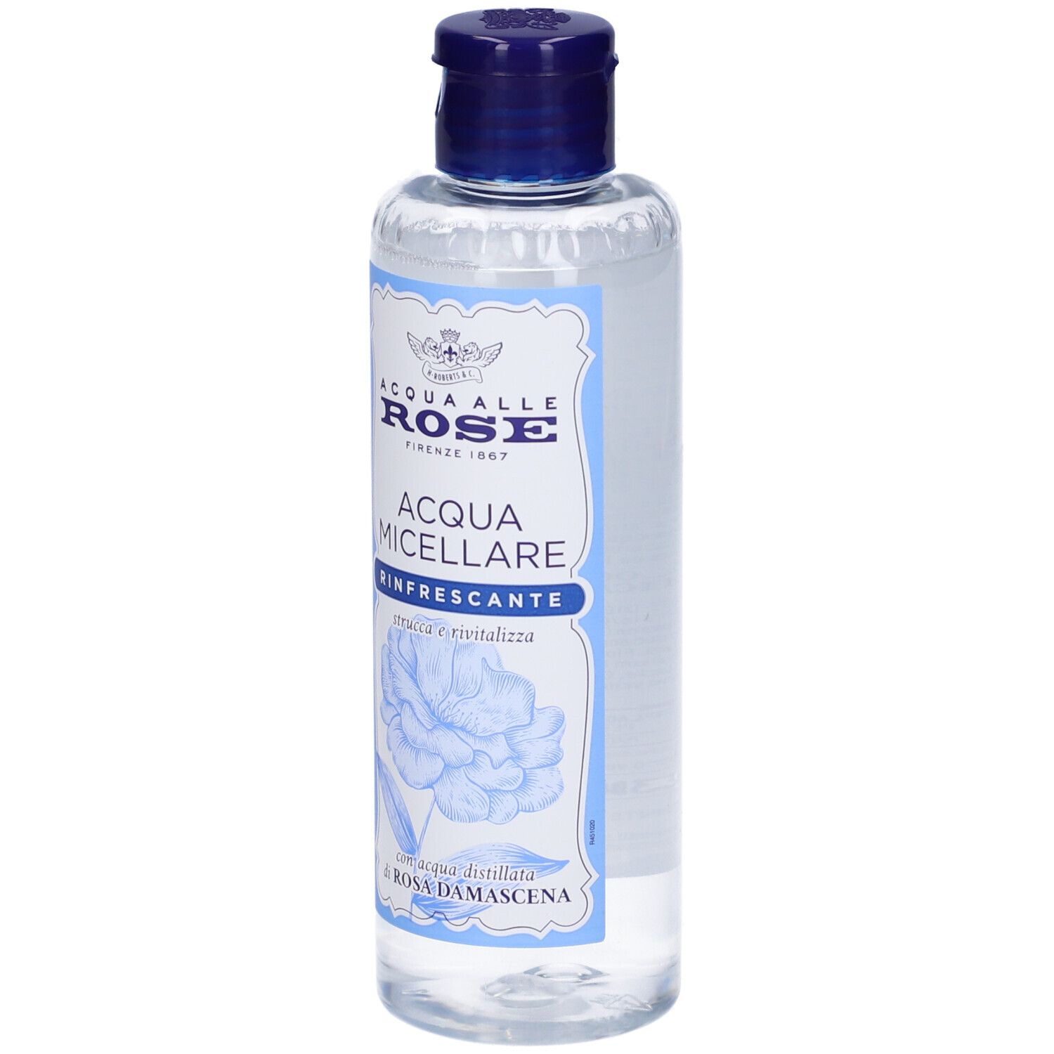 Flacone trasparente con tappo blu. Scritta: Acqua Alle Rose, Acqua Micellare Rinfrescante.