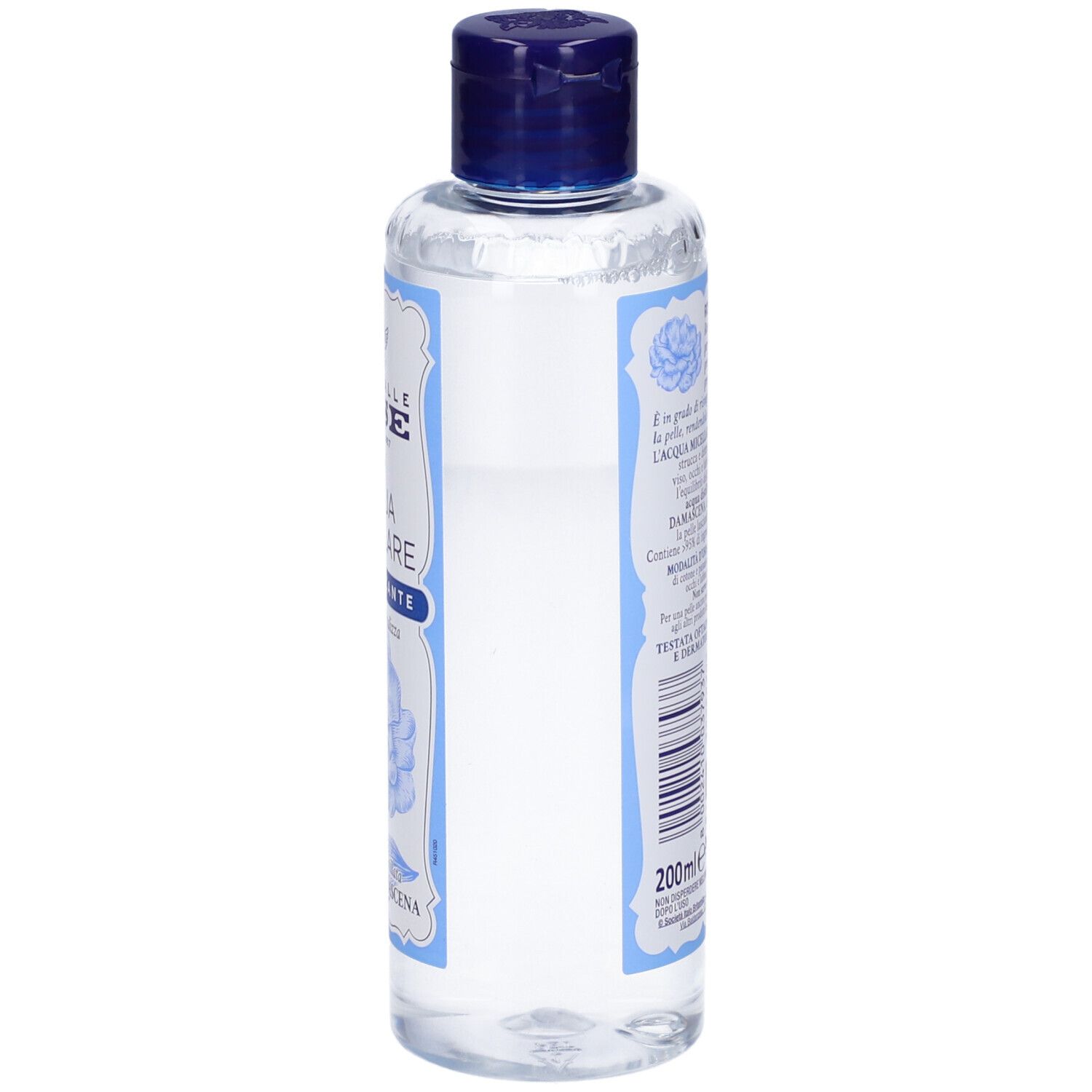 Retro del flacone. Testo in italiano. Etichetta blu e bianca.
