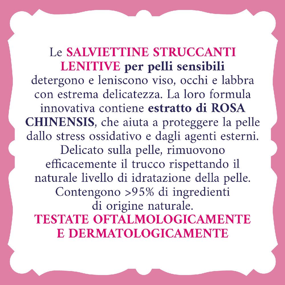 Beruhigende Make-up-Entferner-Tücher für empfindliche Haut, mit Rosenextrakt und biologisch abbaubarem Gewebe.