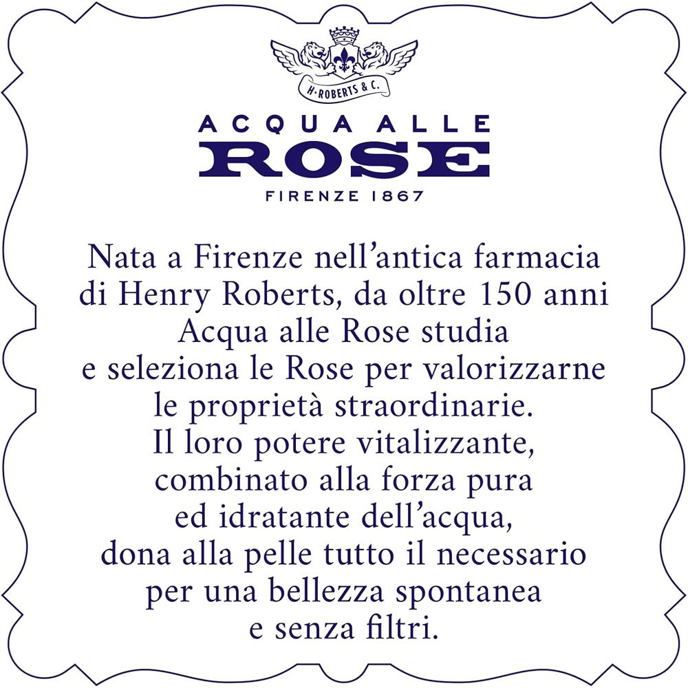 Acqua alle Rose, Firenze 1867. Text über die Geschichte und Eigenschaften des Produkts.