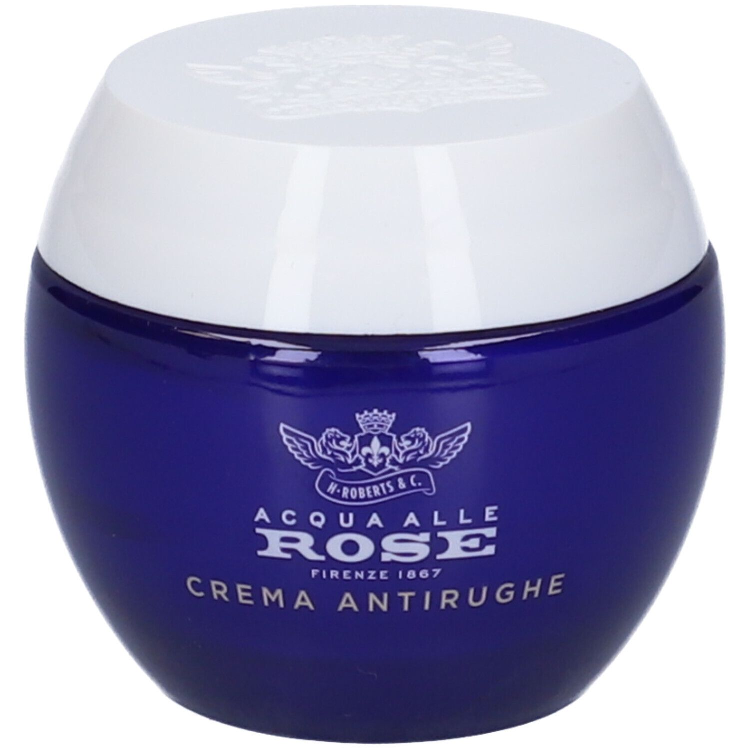 Vaso blu rotondo con coperchio bianco. Scritta: Acqua Alle Rose, Crema Antirughe.