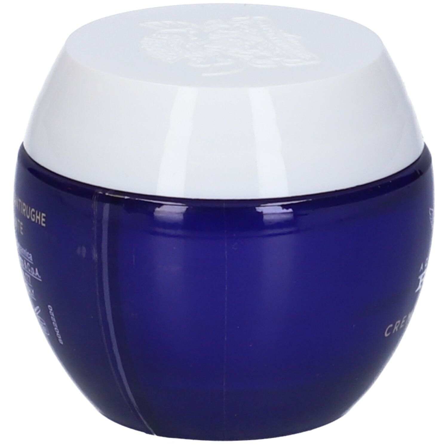 Vaso blu rotondo con coperchio bianco. Scritta: Acqua Alle Rose, Crema Antirughe.