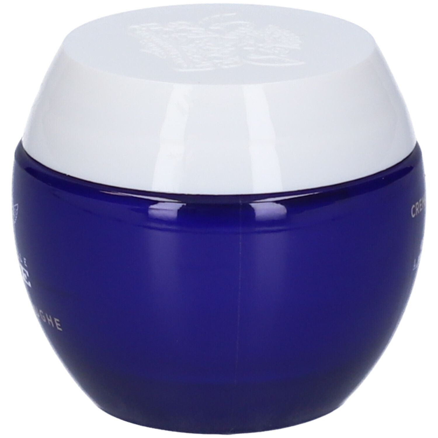 Vaso blu rotondo con coperchio bianco. Scritta: Acqua Alle Rose, Crema Antirughe.