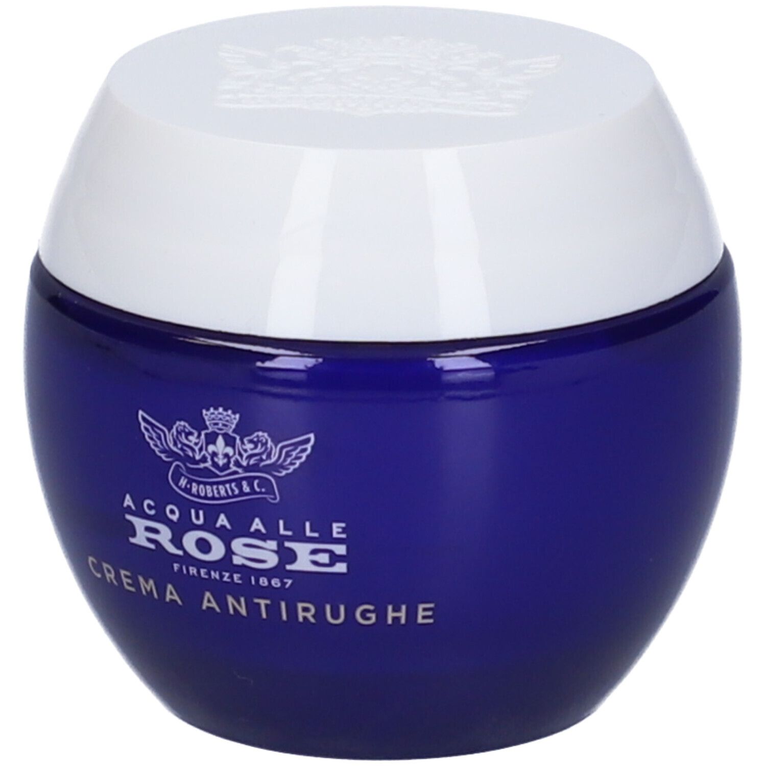 Vaso blu rotondo con coperchio bianco. Scritta: Acqua Alle Rose, Crema Antirughe.