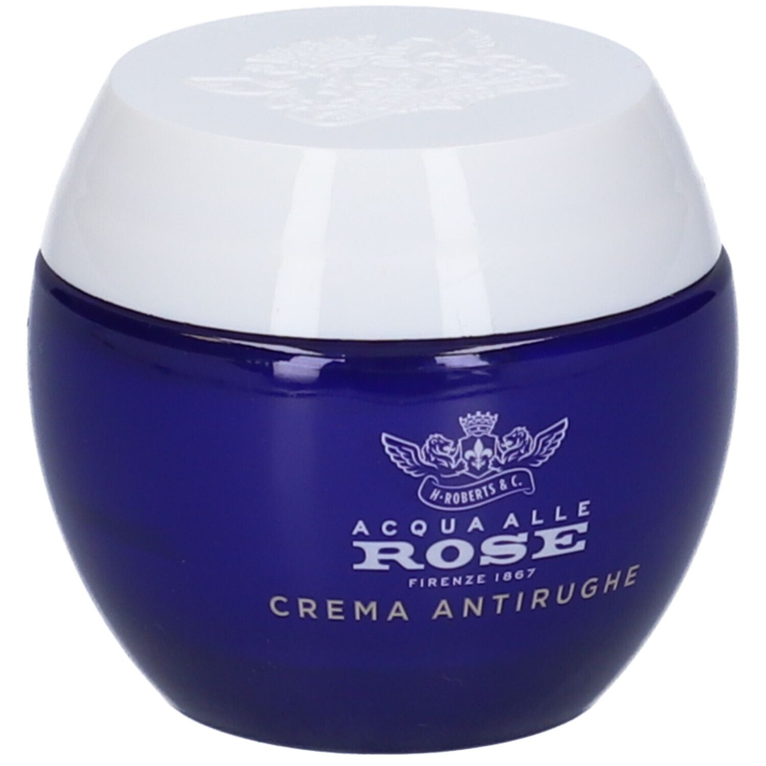 Vaso blu rotondo con coperchio bianco. Scritta: Acqua Alle Rose, Crema Antirughe.