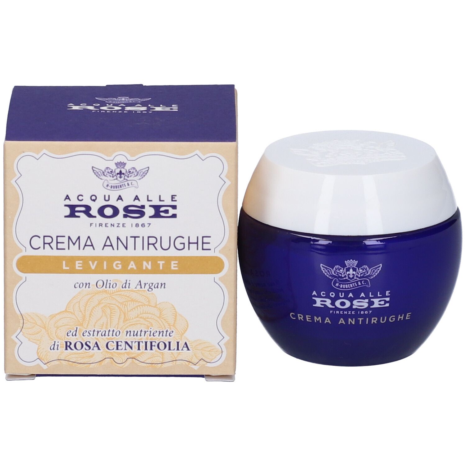 Confezione e vaso. Scritta: Acqua Alle Rose, Crema Antirughe Levigante, con Olio di Argan.