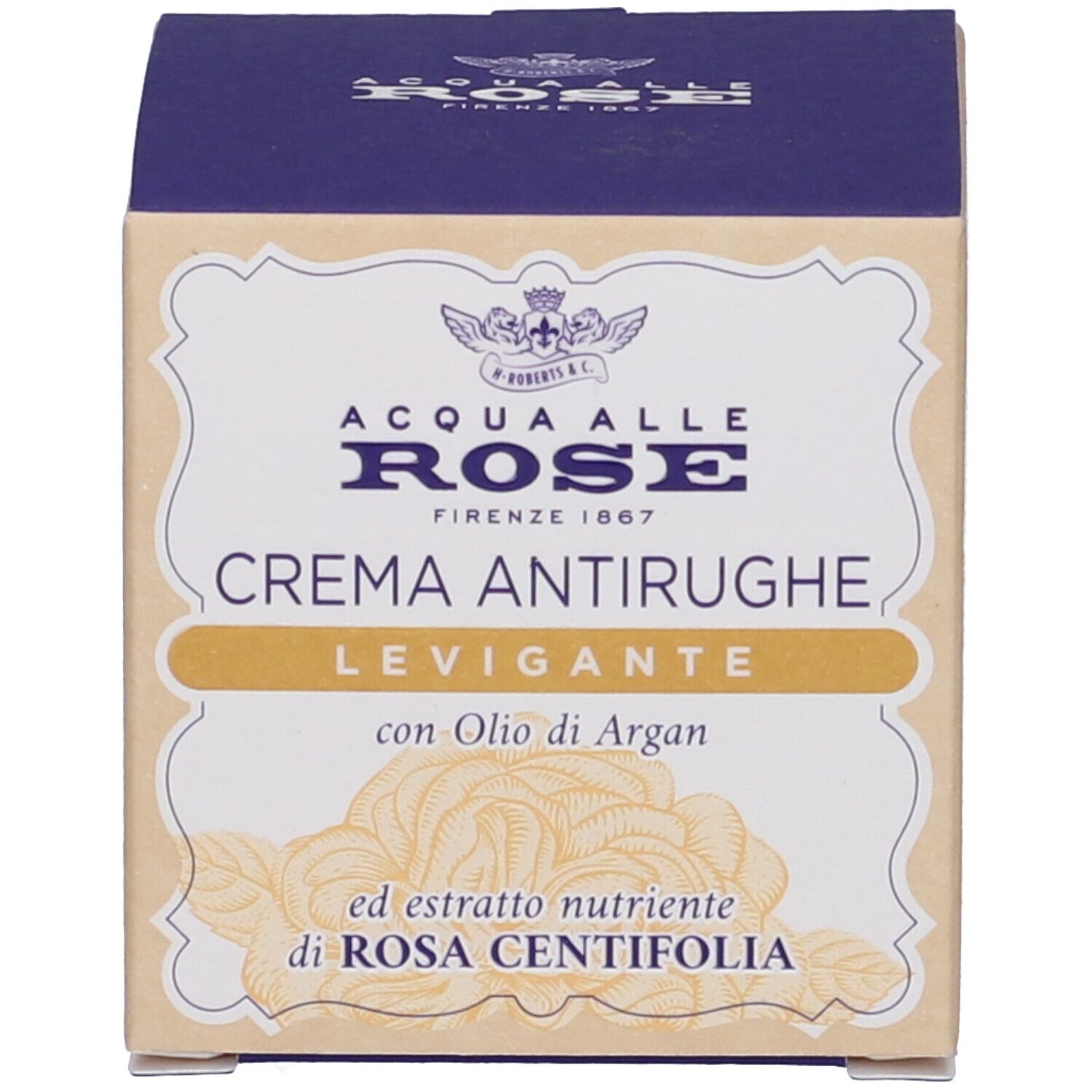Confezione del prodotto. Scritta: Acqua Alle Rose, Crema Antirughe Levigante, con Olio di Argan.