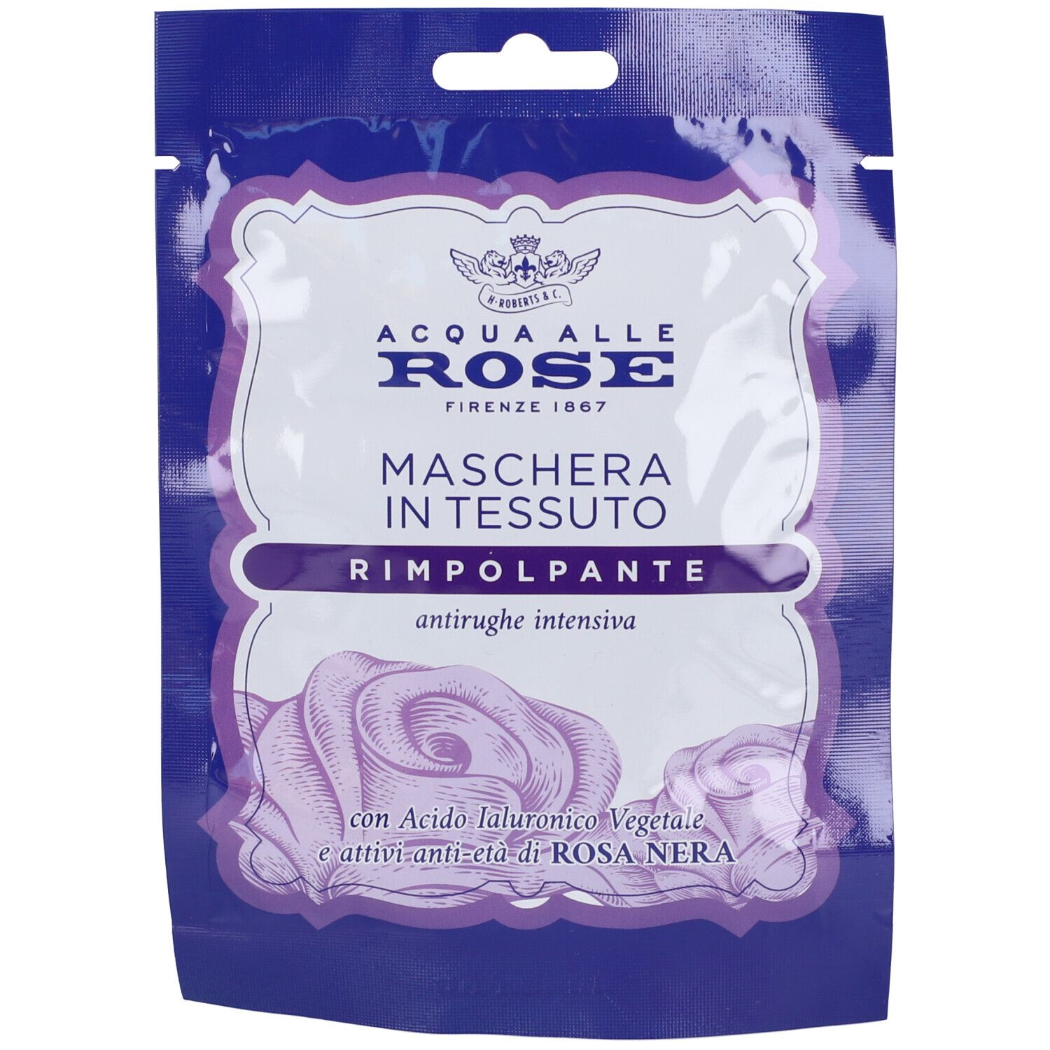 Maschera viso in confezione. Testo: Acqua Alle Rose, Maschera in Tessuto Rimpolpante. Illustrazione di rosa.