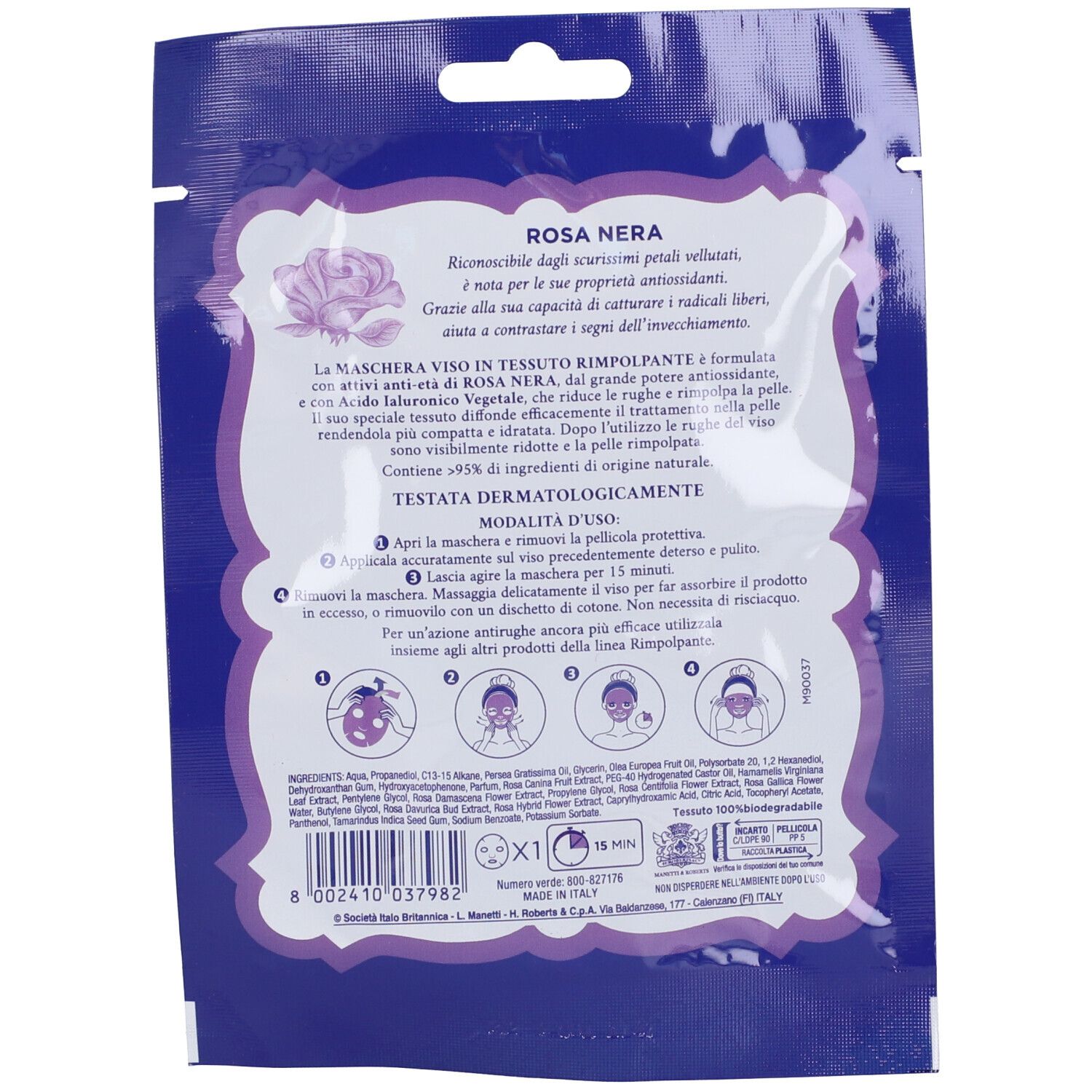 Retro confezione maschera viso. Testo: Rosa Nera, ingredienti, istruzioni per l'uso, dermatologicamente testato.