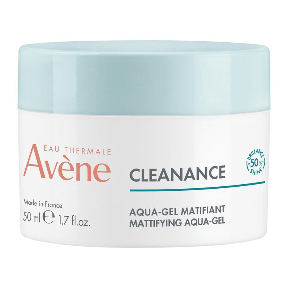 Weißes Tiegel mit blauem Deckel. Aufschrift: Eau Thermale Avène Cleanance Aqua-Gel. 50ml.