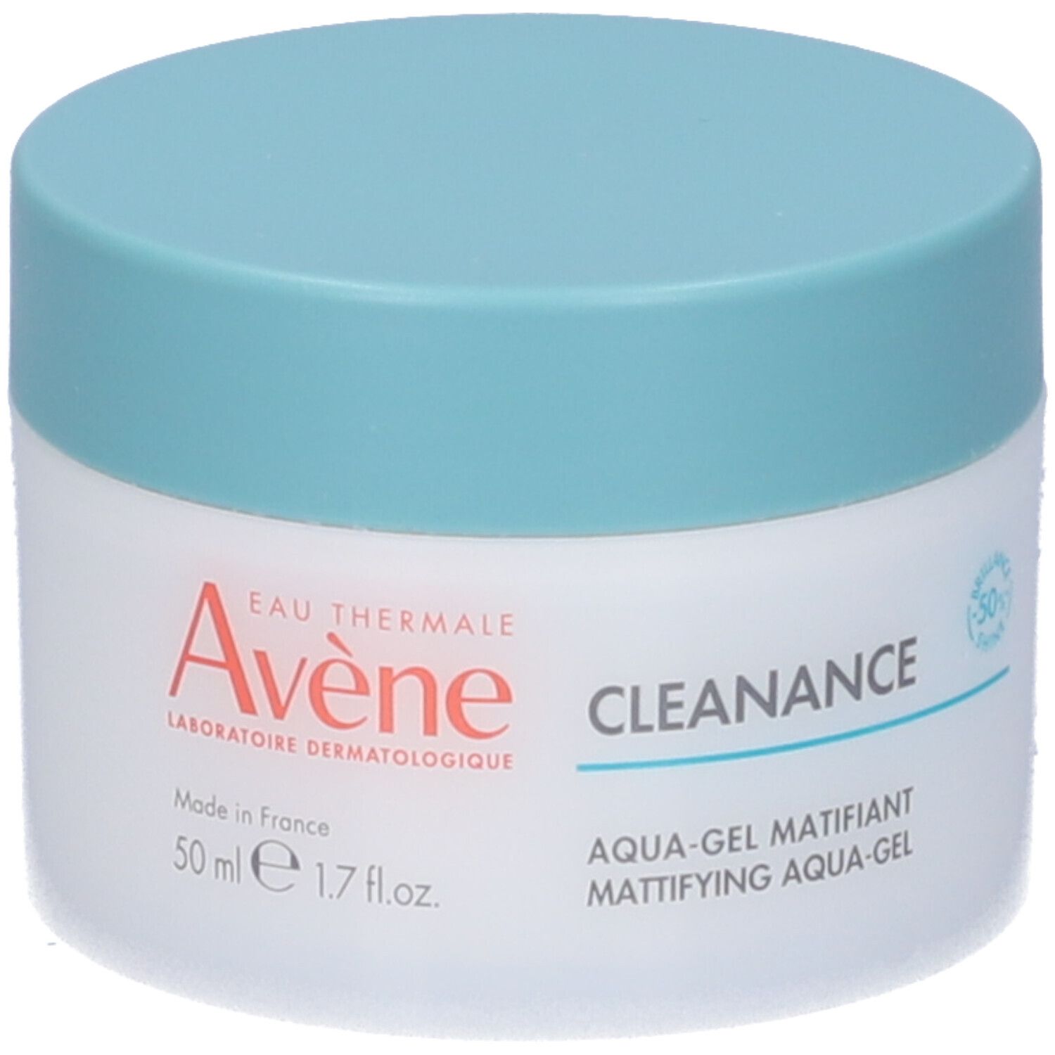 Vasetto bianco con coperchio blu. Scritta: Avène, Cleanance, Aqua-Gel Matifiant. 50 ml.