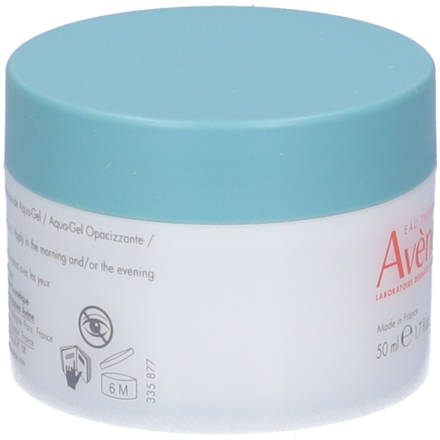Vasetto bianco con coperchio blu. Scritta: Avène. Testo: Aqua-Gel Opacizzante. Simbolo 6M.