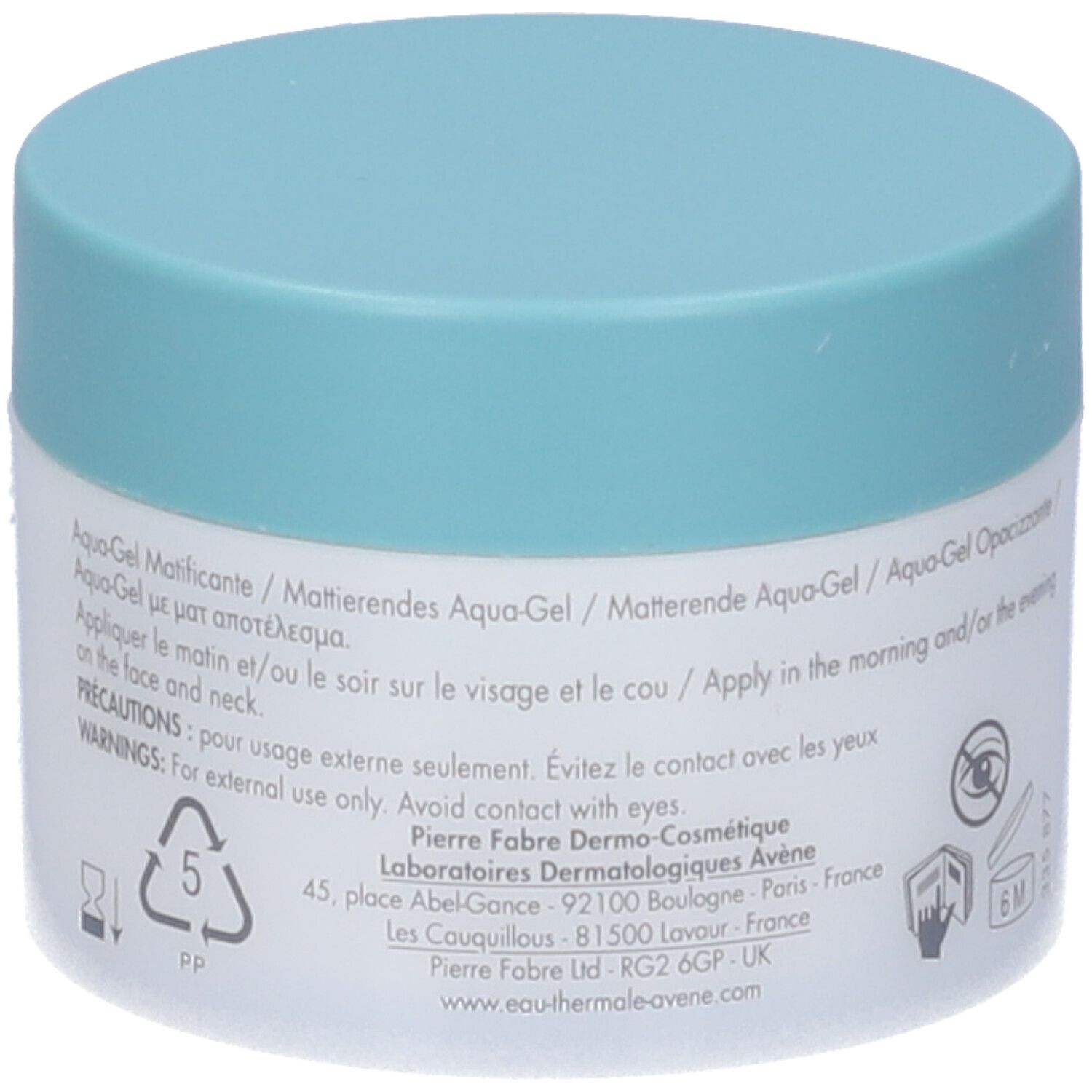 Vasetto bianco con coperchio blu. Scritta: Aqua-Gel Matificante. Testo: Pierre Fabre. Simbolo di riciclaggio.