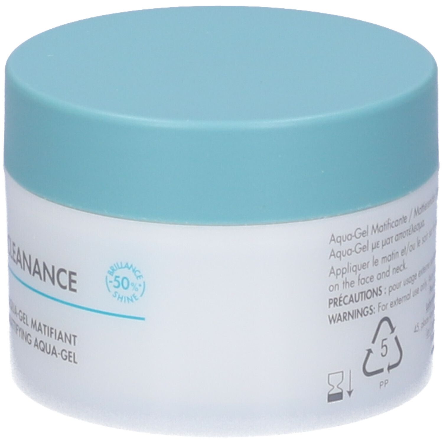 Vasetto bianco con coperchio blu. Scritta: Cleanance, Aqua-Gel Matifiant. Simbolo -50% lucentezza.