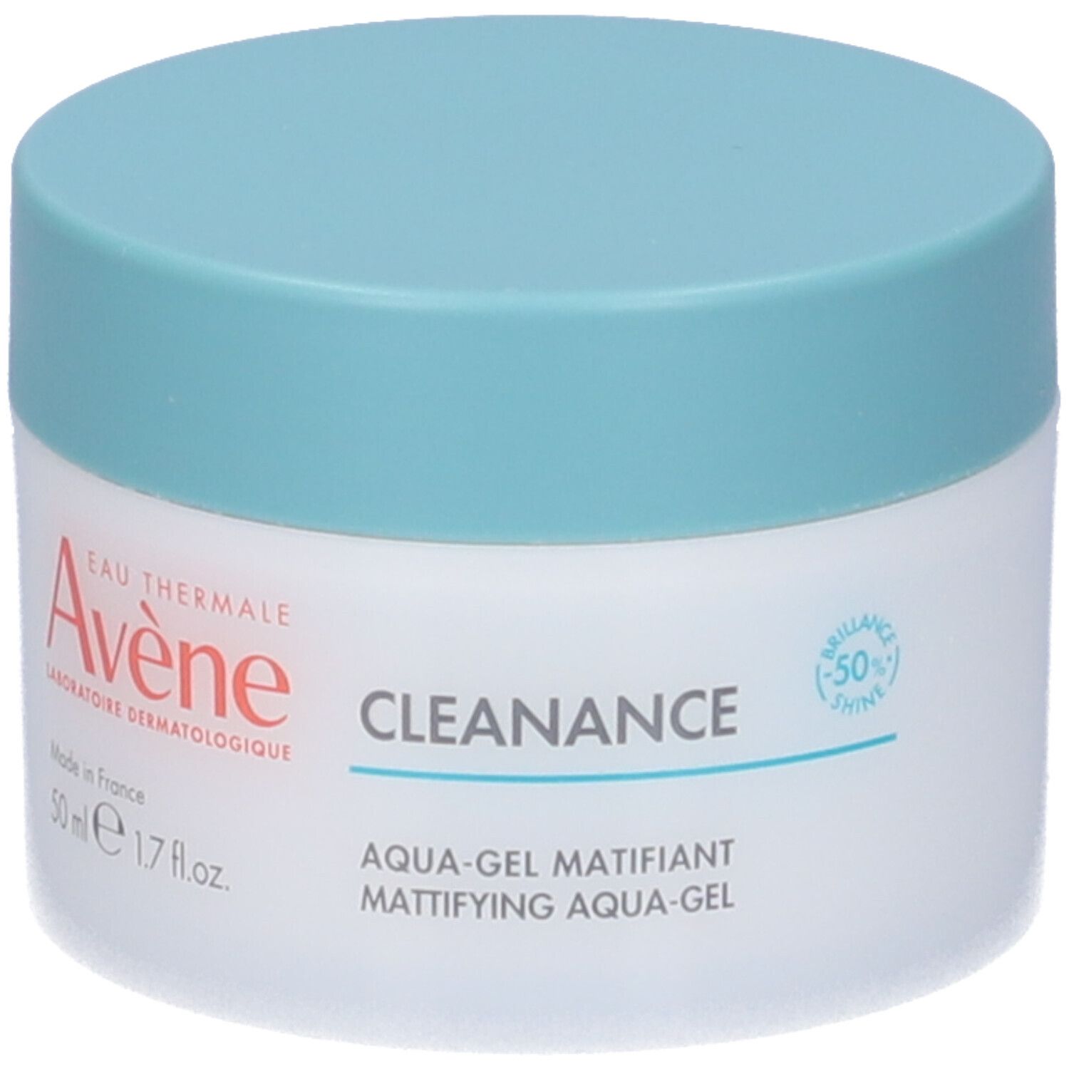 Vasetto bianco con coperchio blu. Scritta: Avène, Cleanance, Aqua-Gel Matifiant. Simbolo -50% lucentezza.