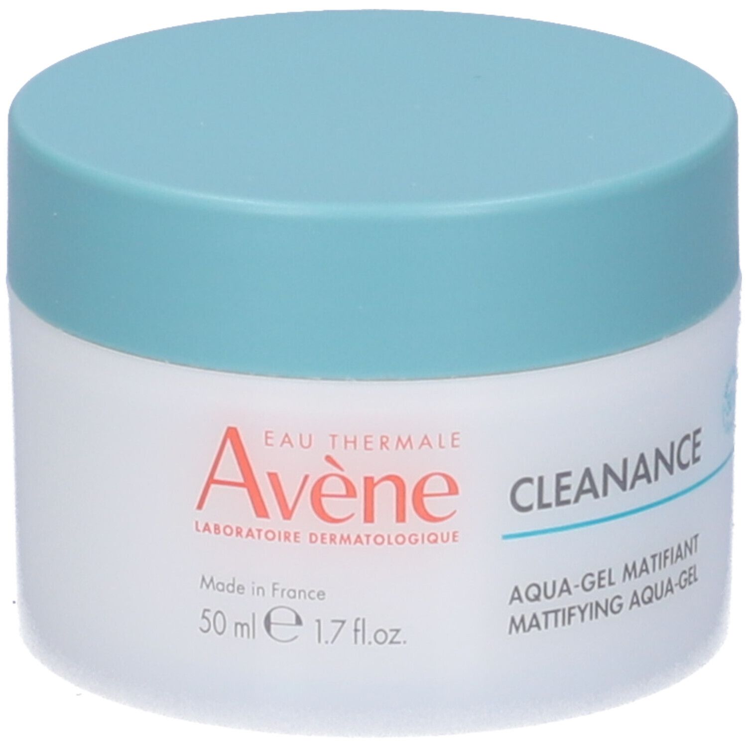 Vasetto bianco con coperchio blu. Scritta: Avène, Cleanance, Aqua-Gel Matifiant. 50 ml.