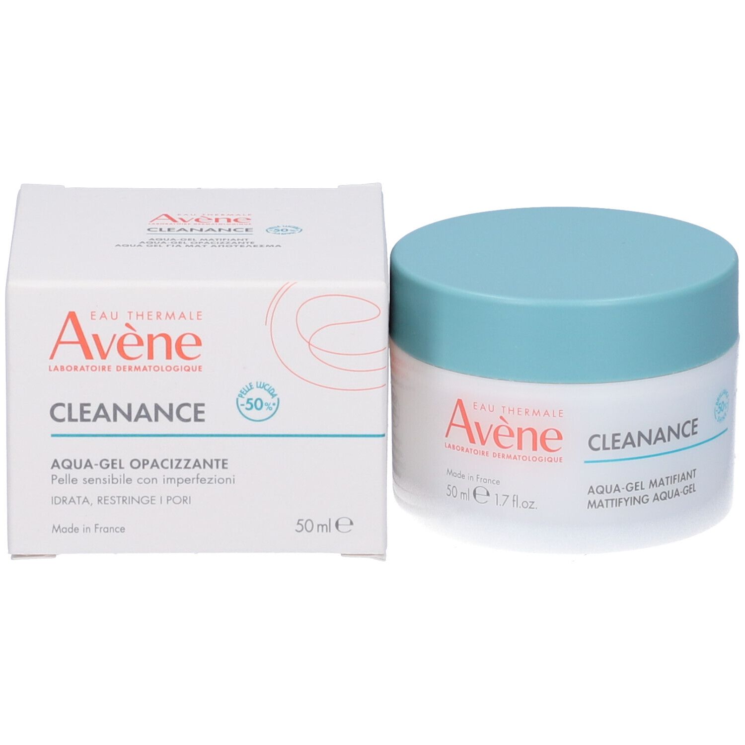 Prodotto e confezione. Scatola bianca e vasetto. Scritta: Avène, Cleanance, Aqua-Gel Opacizzante. 50 ml.
