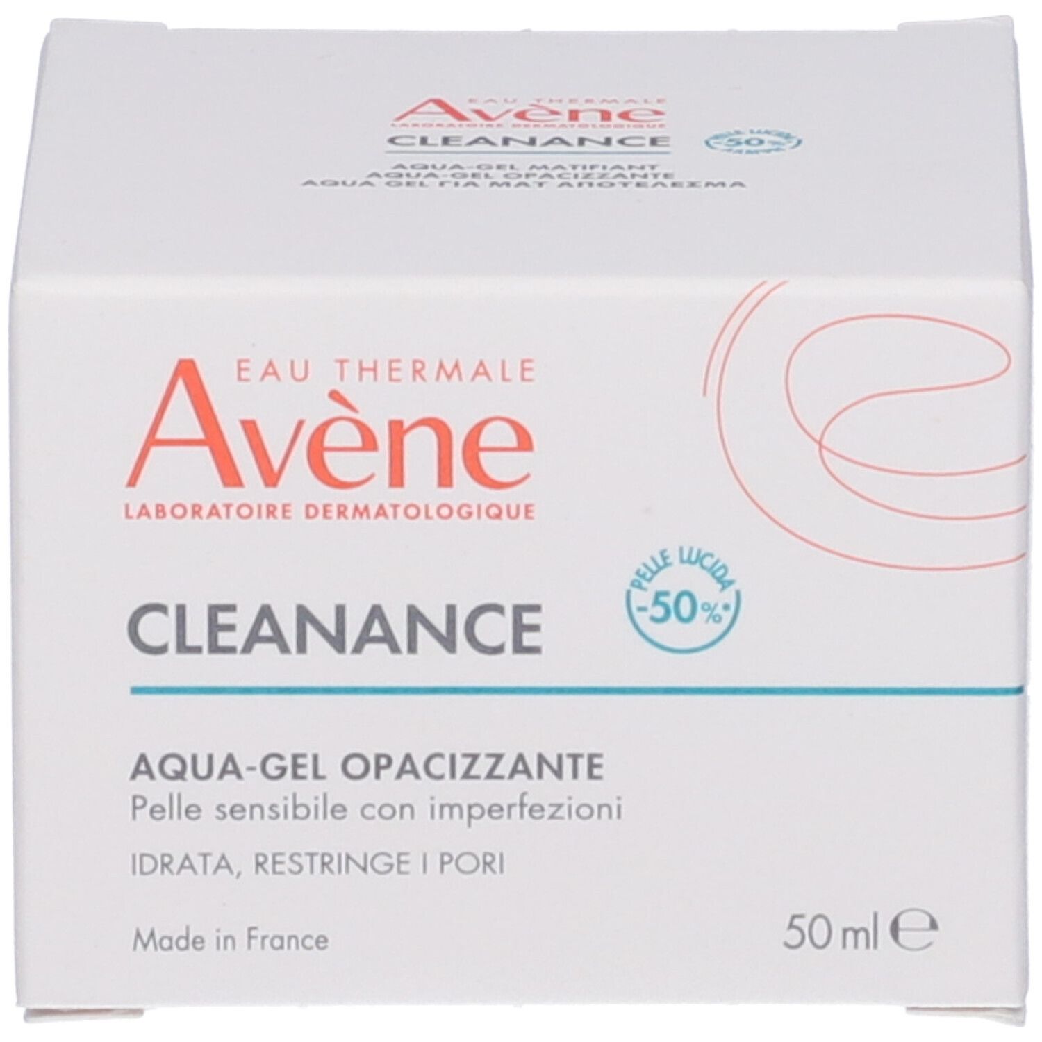 Confezione bianca. Scritta: Avène, Cleanance, Aqua-Gel Opacizzante. Simbolo -50% lucentezza. 50 ml.