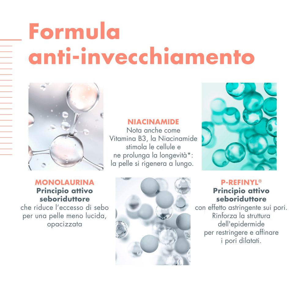 Text über Inhaltsstoffe. Abgebildet: Monolaurin, Niacinamid, P-Refinyl.