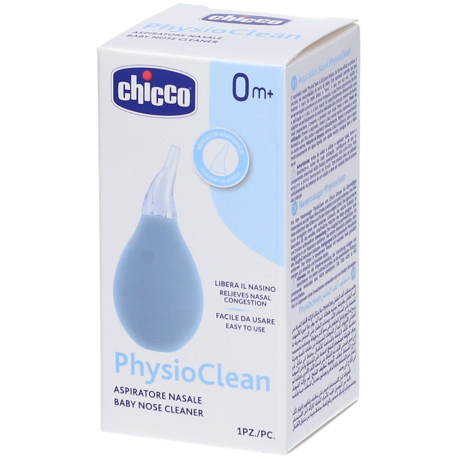 Chicco Physioclean aspiratore nasale per bambini, confezionato. Pera e punta blu. Nome del prodotto e logo sulla confezione.