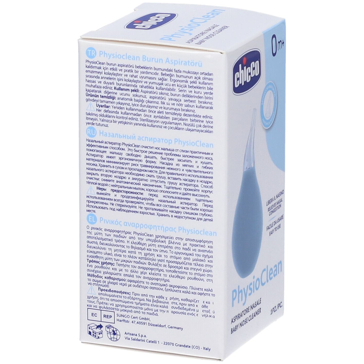 Retro della confezione Chicco Physioclean. Testo multilingue. Nome del prodotto e logo. Illustrazione dell'aspiratore nasale blu.