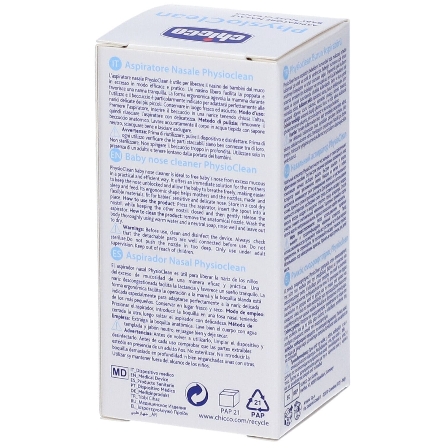 Retro della confezione Chicco Physioclean. Testo multilingue. Nome del prodotto e logo. Illustrazione dell'aspiratore nasale blu.