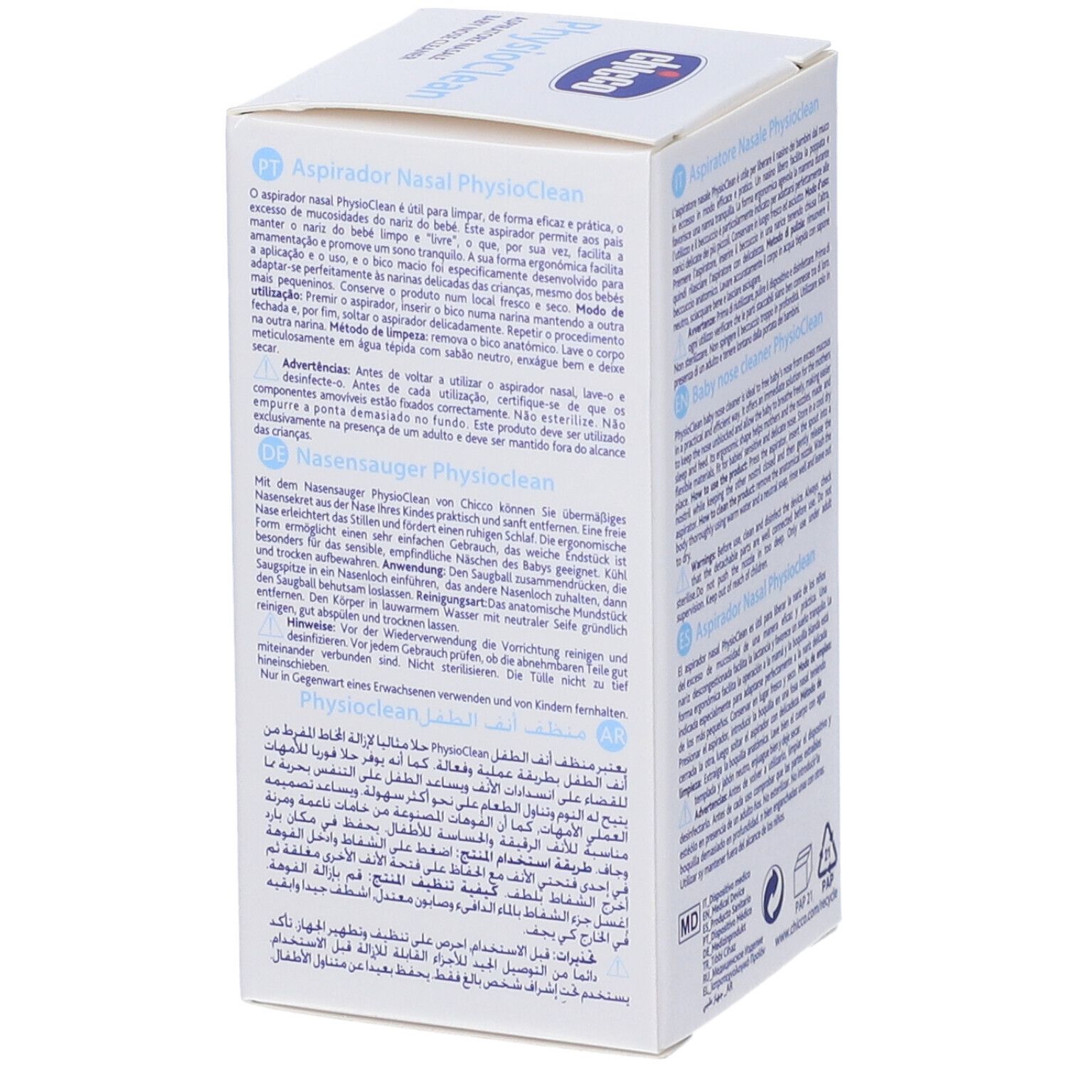 Retro della confezione Chicco Physioclean. Testo multilingue. Nome del prodotto e logo. Illustrazione dell'aspiratore nasale blu.