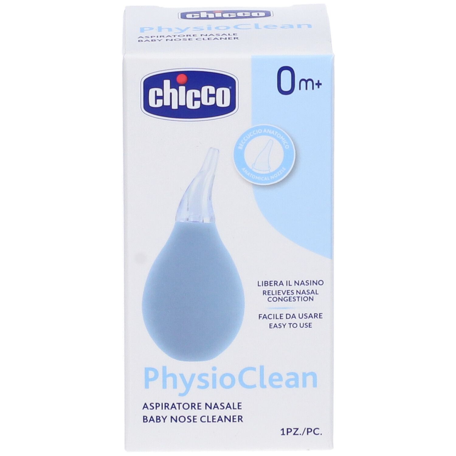 Chicco Physioclean aspiratore nasale per bambini, confezionato. Pera e punta blu. Nome del prodotto e logo sulla confezione.