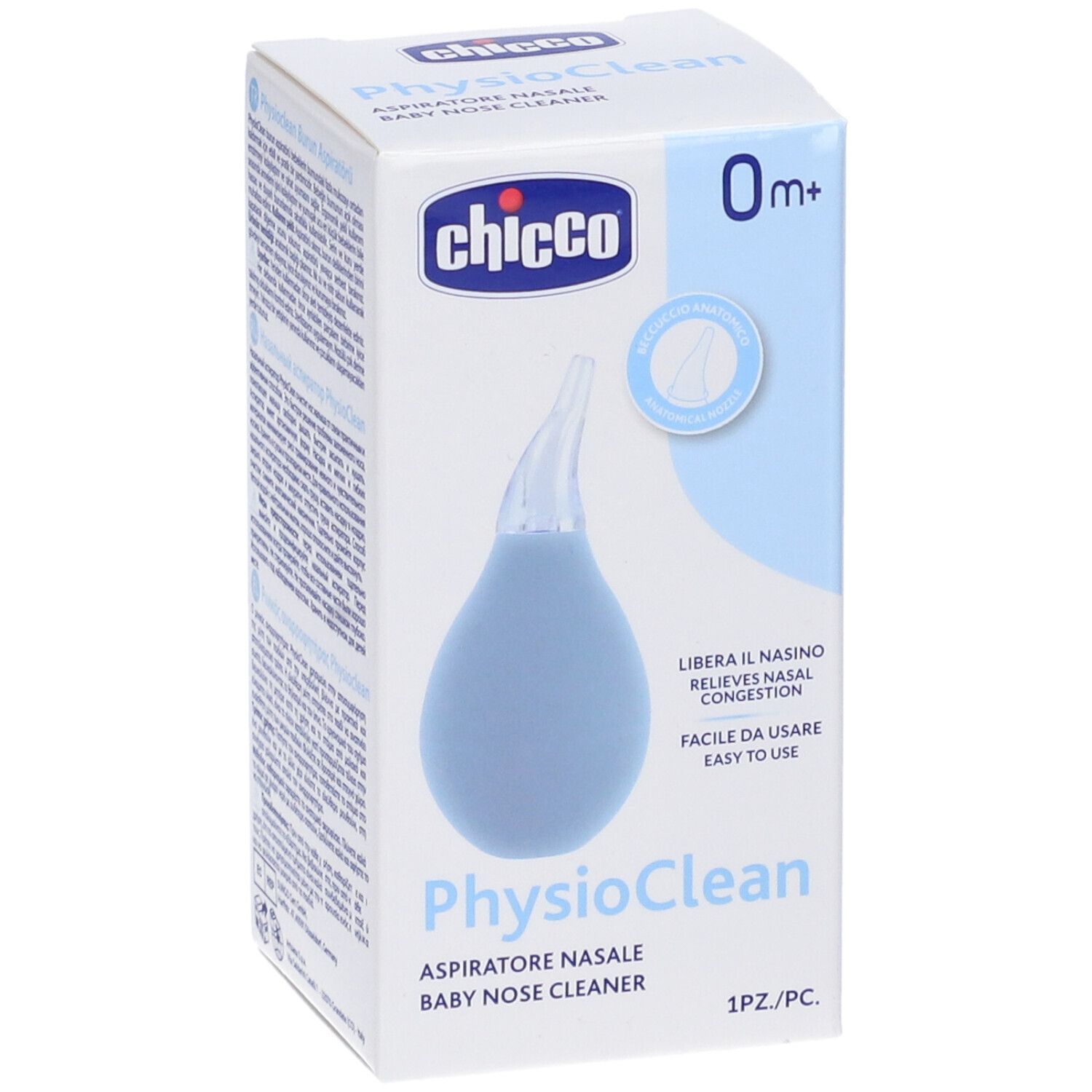 Chicco Physioclean aspiratore nasale per bambini, confezionato. Pera e punta blu. Nome del prodotto e logo sulla confezione.