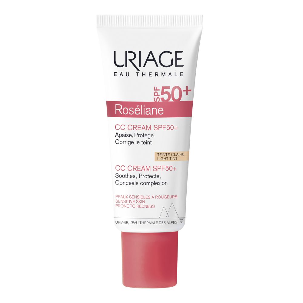 Tubo bianco con tappo rosso. Scritta: Uriage, Roséliane CC Cream SPF50+. Testo: Lenisce, protegge, uniforma il colorito.