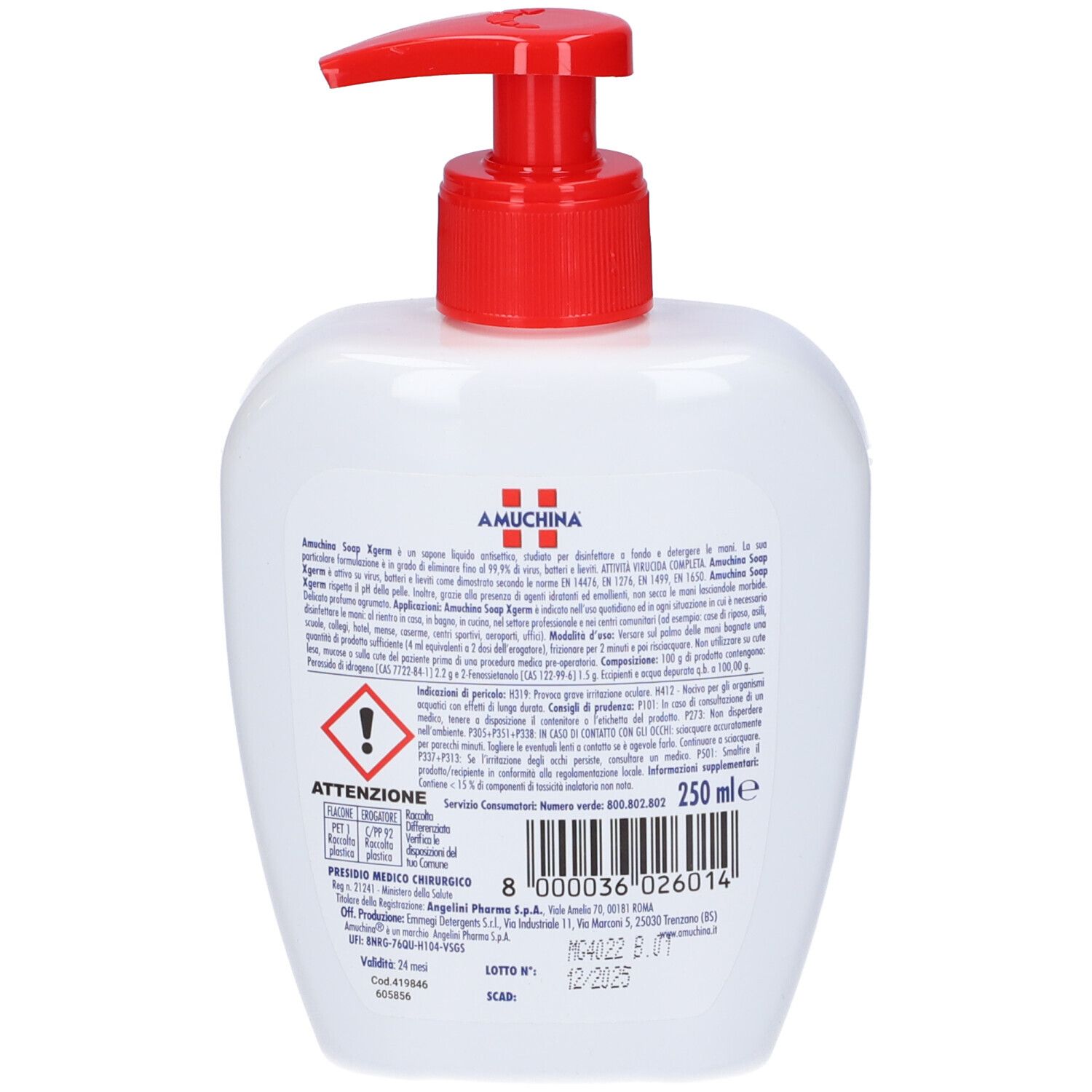 Rückseite einer weißen Flasche mit rotem Pumpkopf. Text und Warnhinweise. "Amuchina Soap" und "250 ml" sind sichtbar. Barcode.