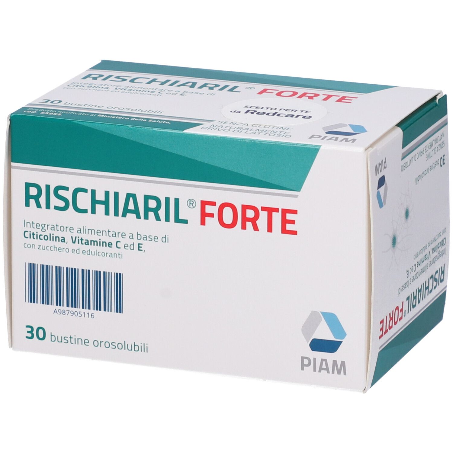 Scatola di RISCHIARIL® Forte. Contiene 30 bustine. Ingredienti: Citicolina, Vitamina C ed E. Marchio PIAM.