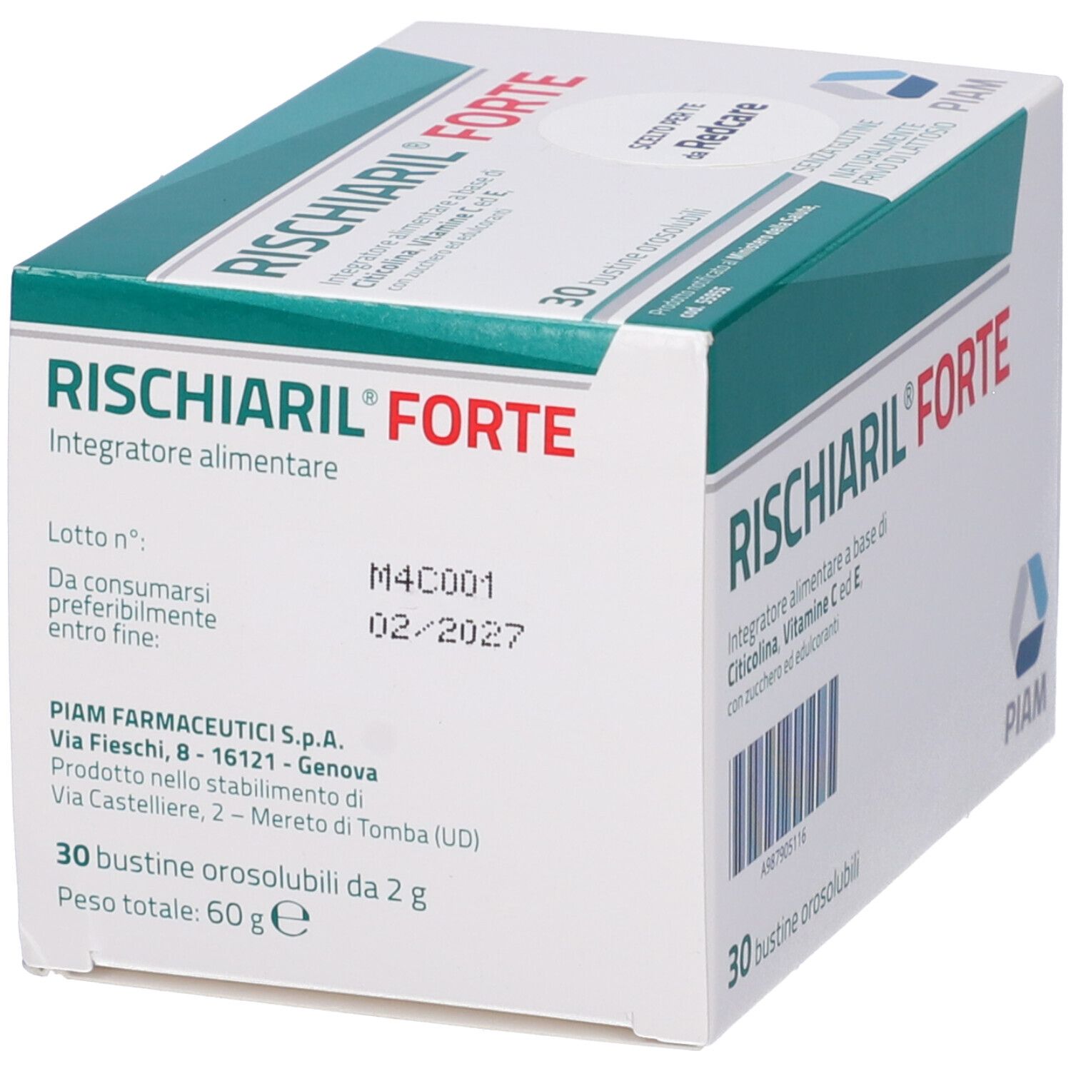 Scatola di RISCHIARIL® Forte. Contiene 30 bustine. Ingredienti: Citicolina, Vitamina C ed E. Marchio PIAM.